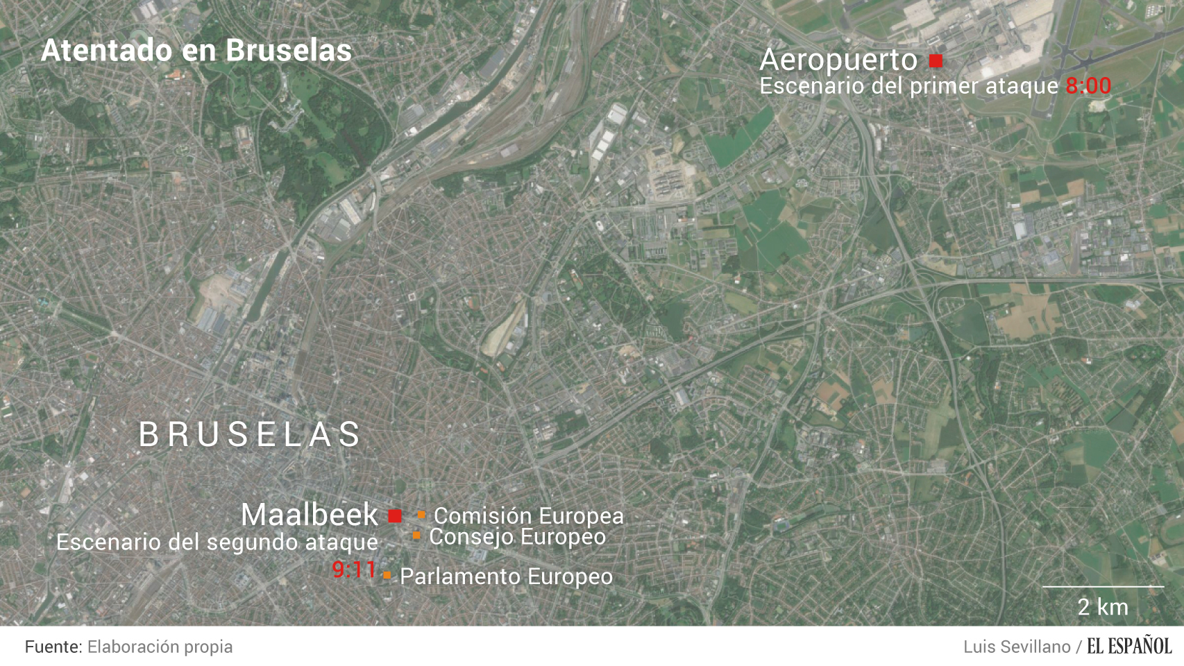 Mapa de las explosiones en Bruselas.