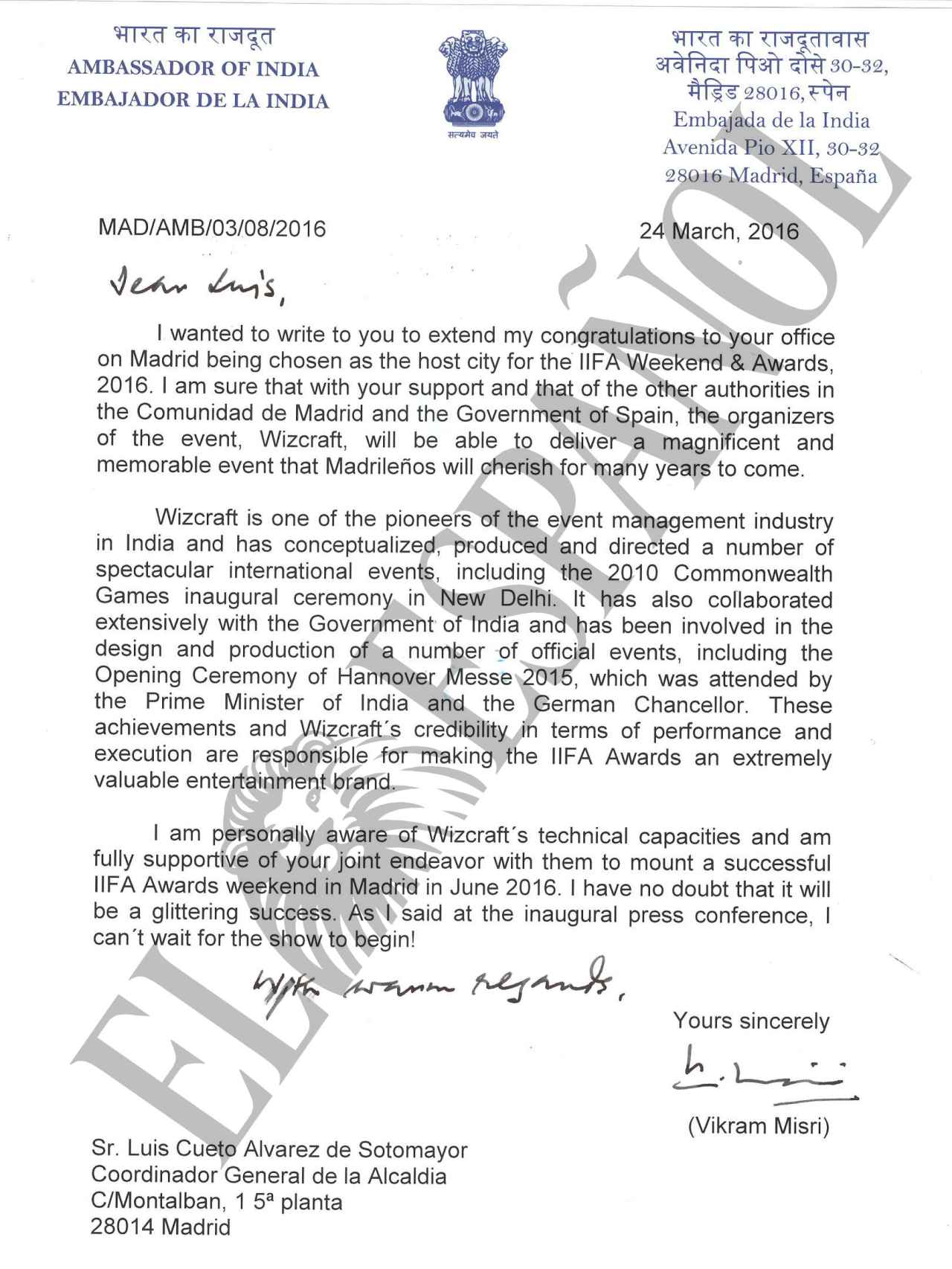 Carta de la embajada india al Ayuntamiento.