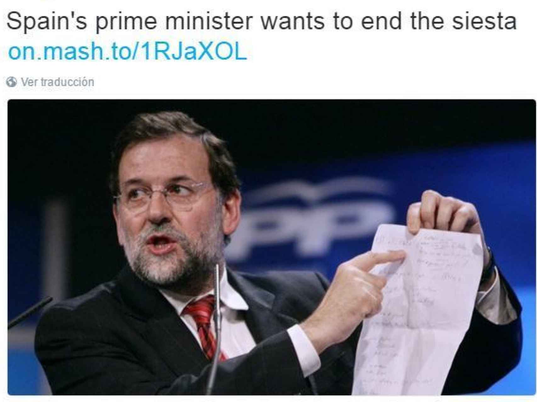 El titular de Mashable: El primer ministro de España quiere acabar con la siesta.