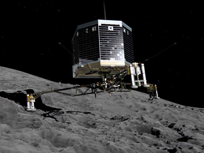 Ilustración de Philae aterrizando en el cometa P67.