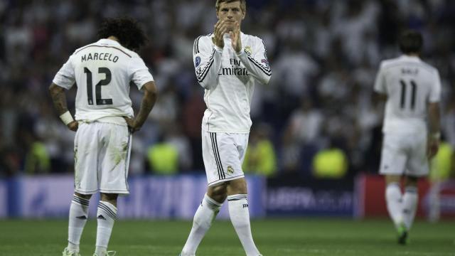 Kroos y Marcelo tras la eliminación de la Champions en 2015 (Santiago Bernabéu).