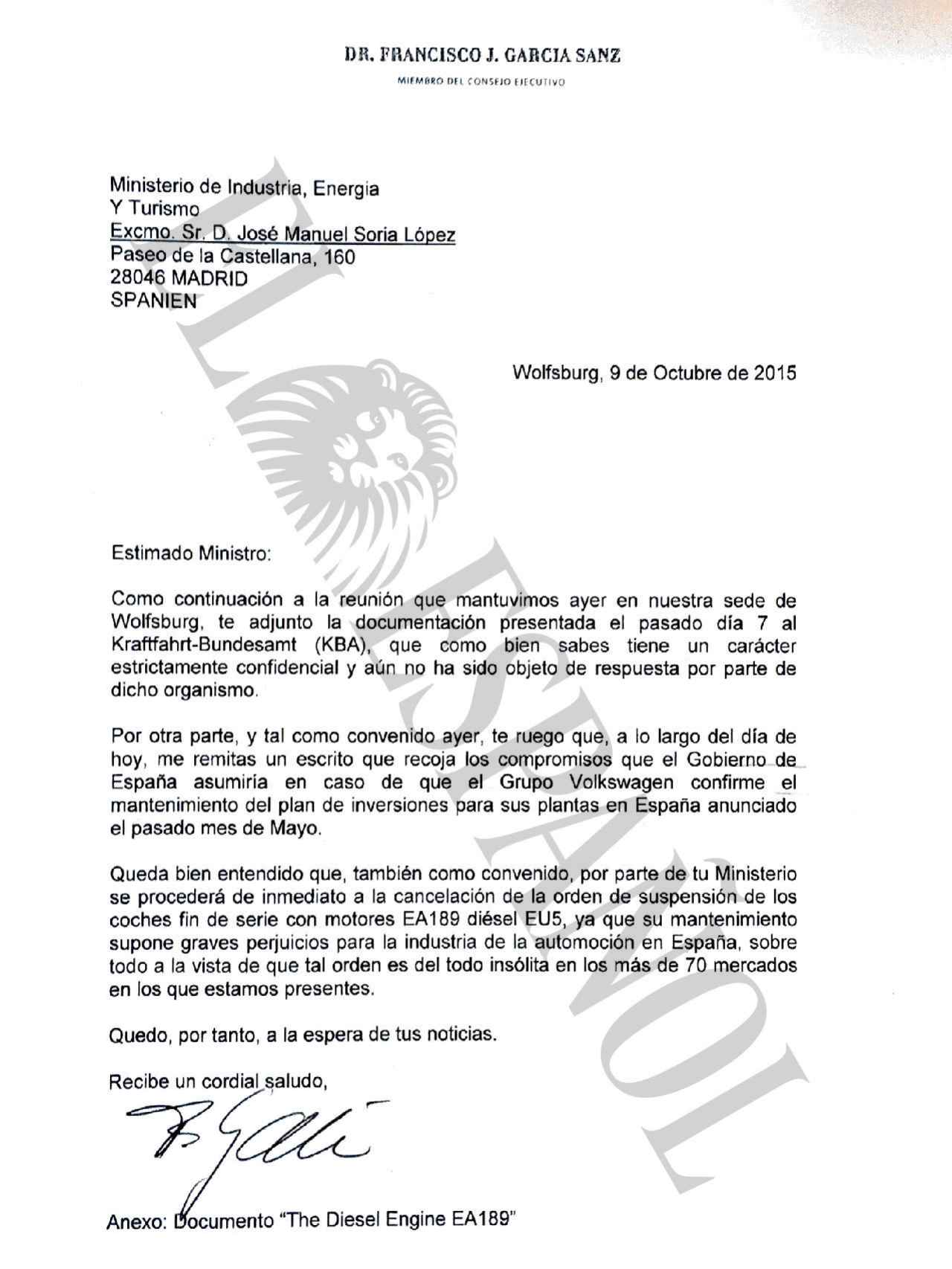 Carta del vicepresidente mundial de compras de Volkswagen al ministro de Industria.