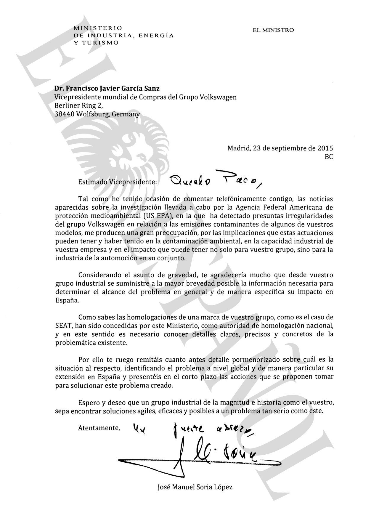 Carta del ministro Soria a los responsables de la empresa alemana.