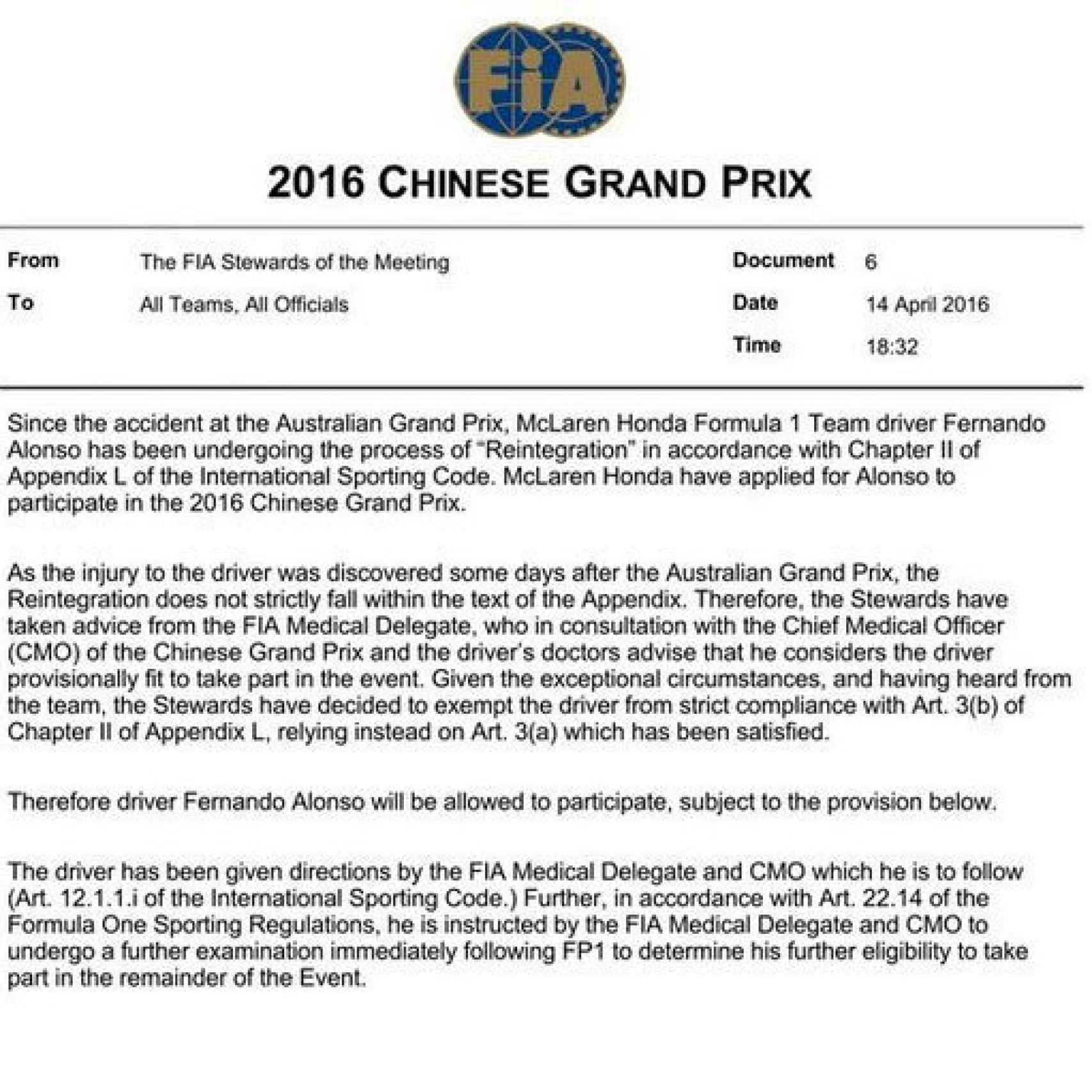 Comunicado oficial de la FIA.