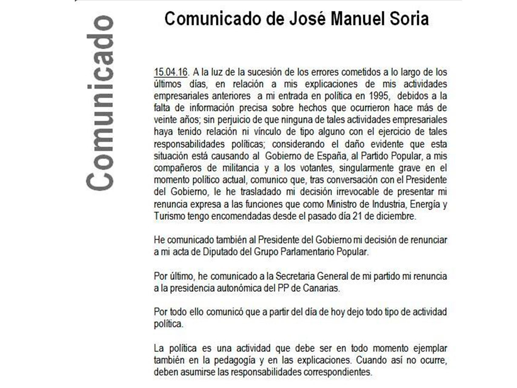 Comunicado de José Manuel Soria.