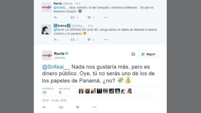 La cuenta de Twitter de Renfe trolea a un usuario