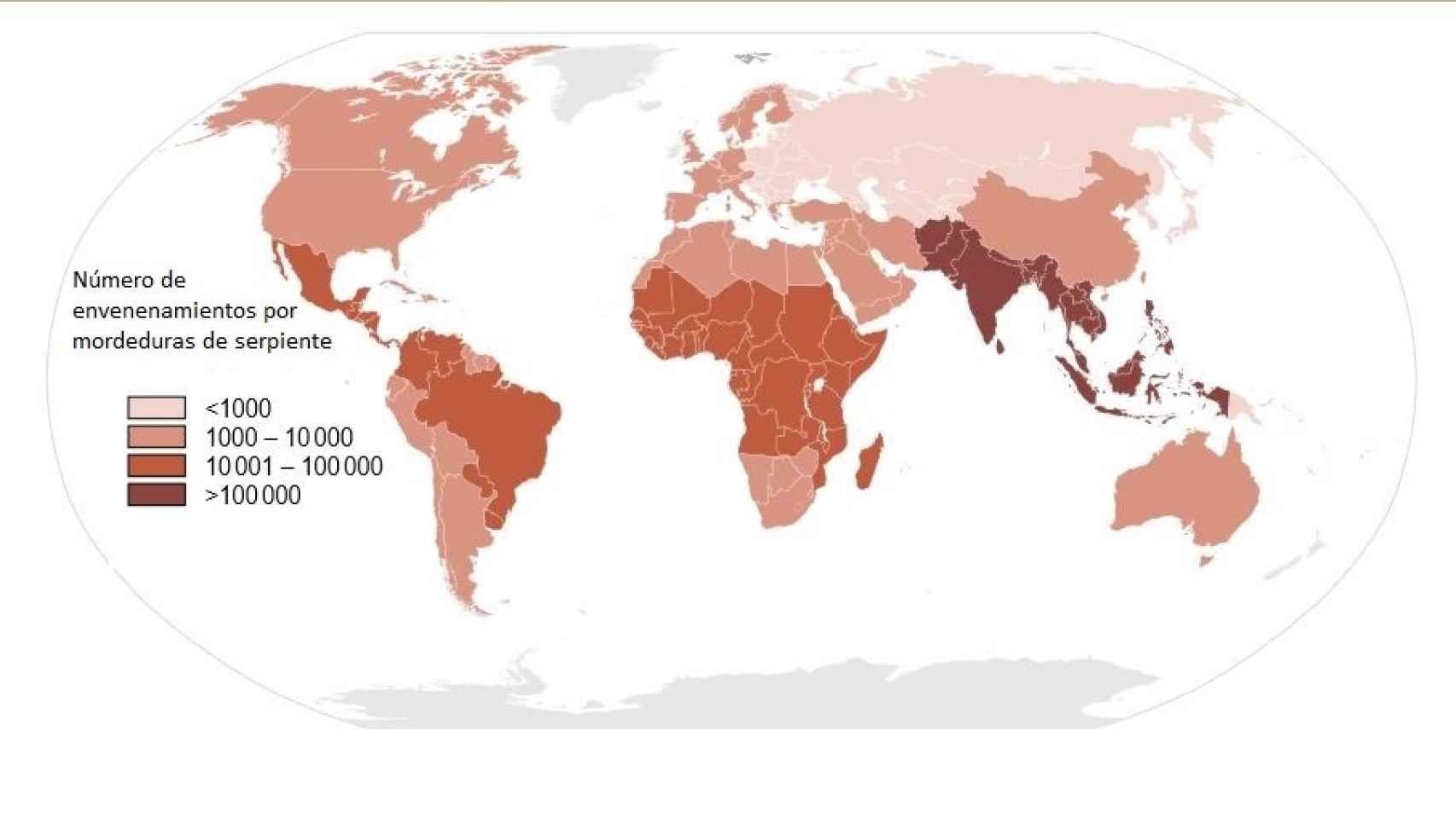 Número de envenenamientos por mordeduras de serpiente en cada país.