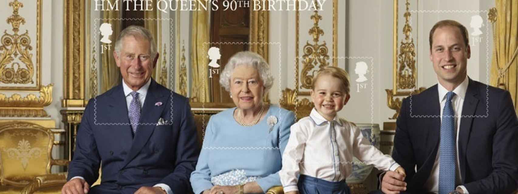 Los cuatro de los diez sellos conmemorativos del 90 cumpleaños de Isabel II