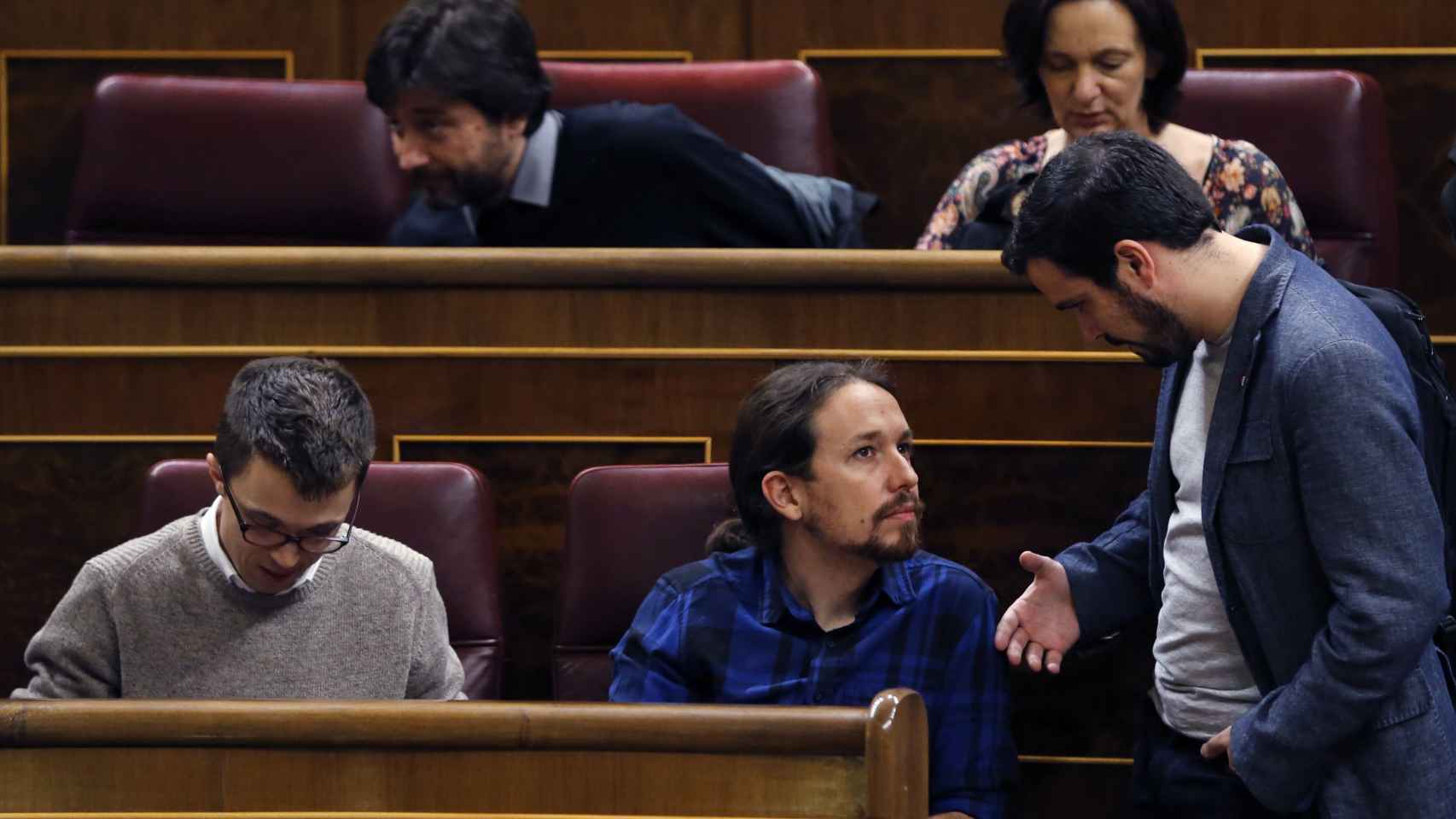 Íñigo Errejón, Pablo Iglesias y Alberto Garzón en el Congreso.