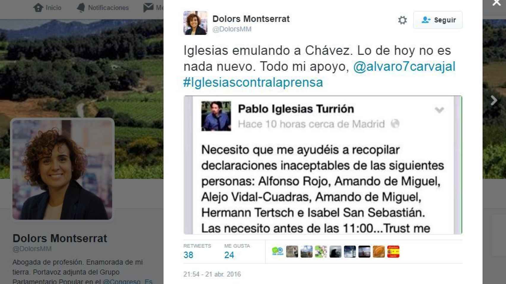 El tuit con los periodistas señalados por Pablo Iglesias.