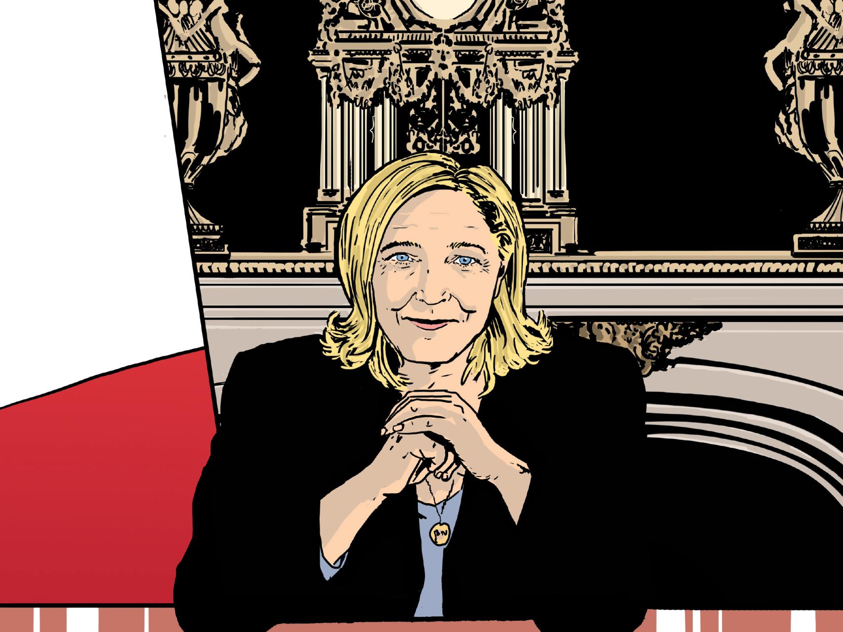 Ilustración principal del cómic que sugiere a Marine Le Pen como presidenta.
