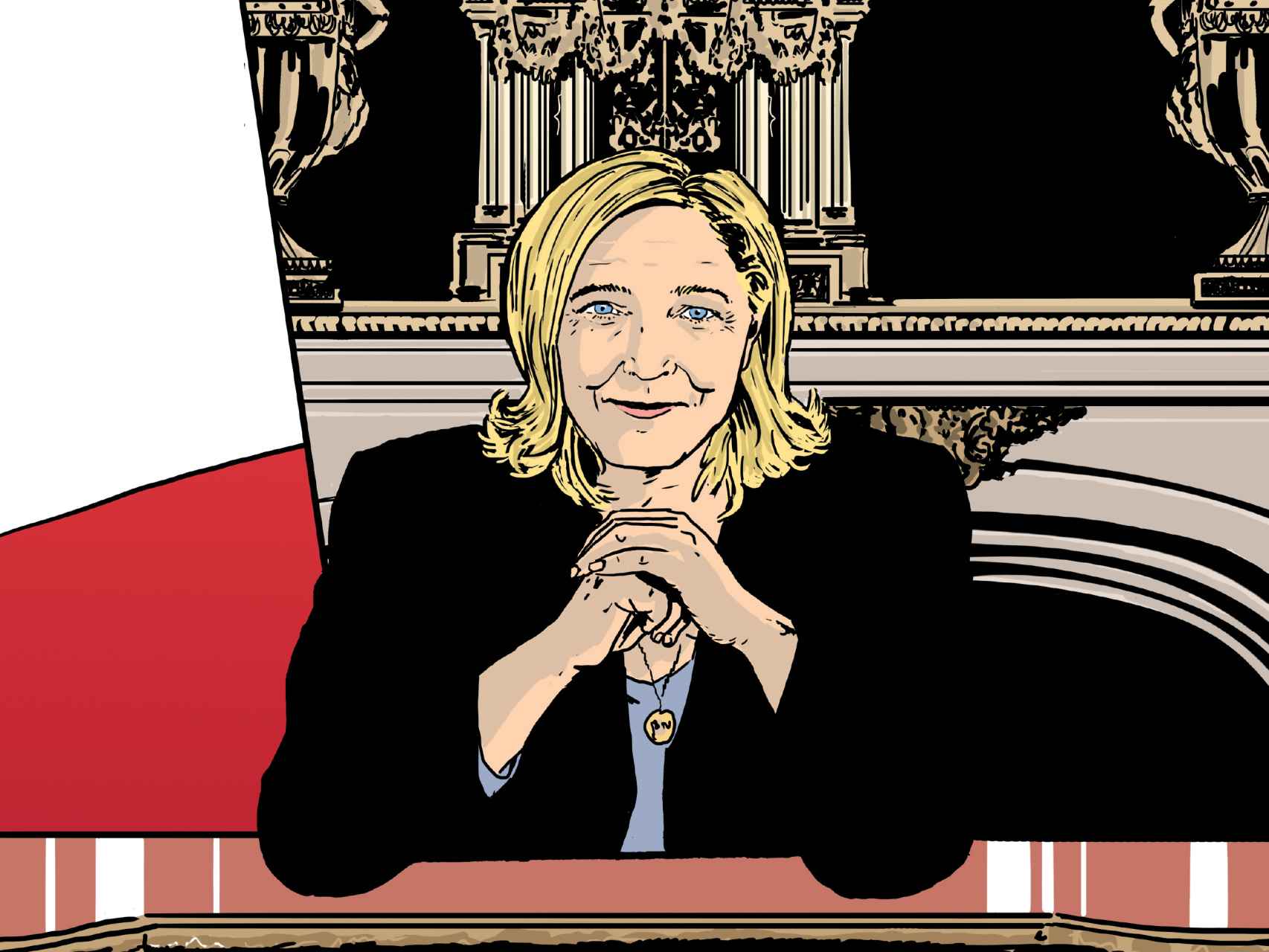 Ilustración principal del comic que sugiere a Marine Le Pen como presidenta.
