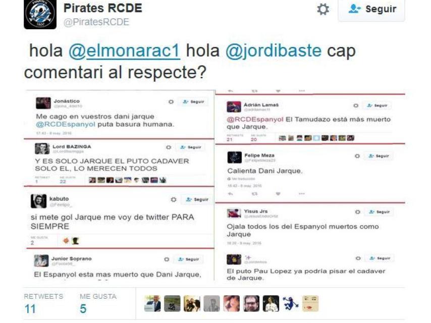 Collage de una cuenta de apoyo al Espanyol con insultos a Jarque.
