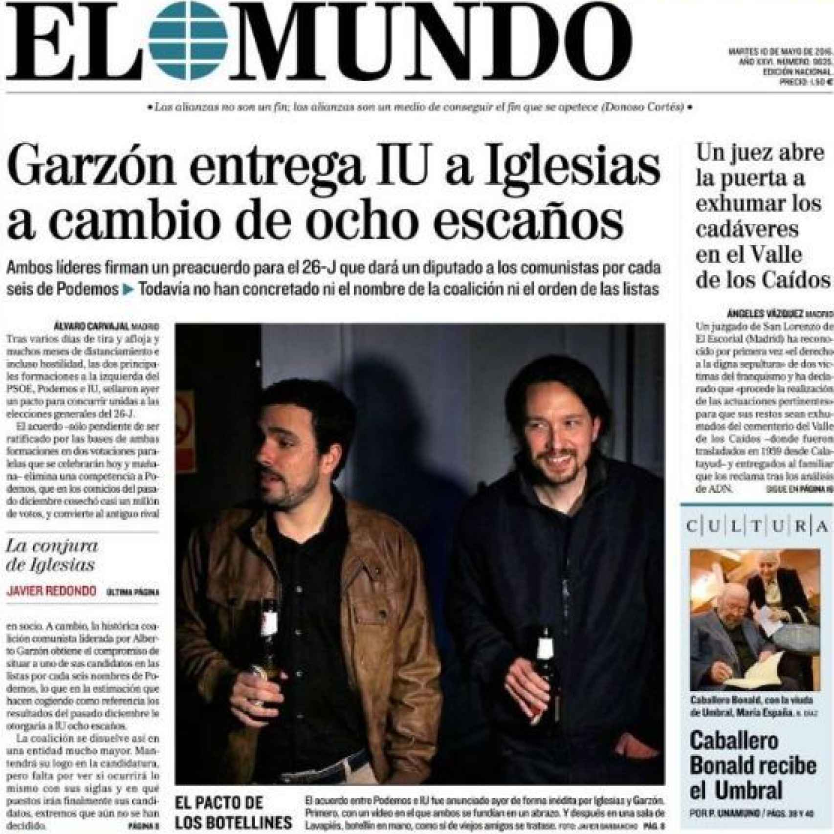 La portada del diario El Mundo del martes 10 de mayo.