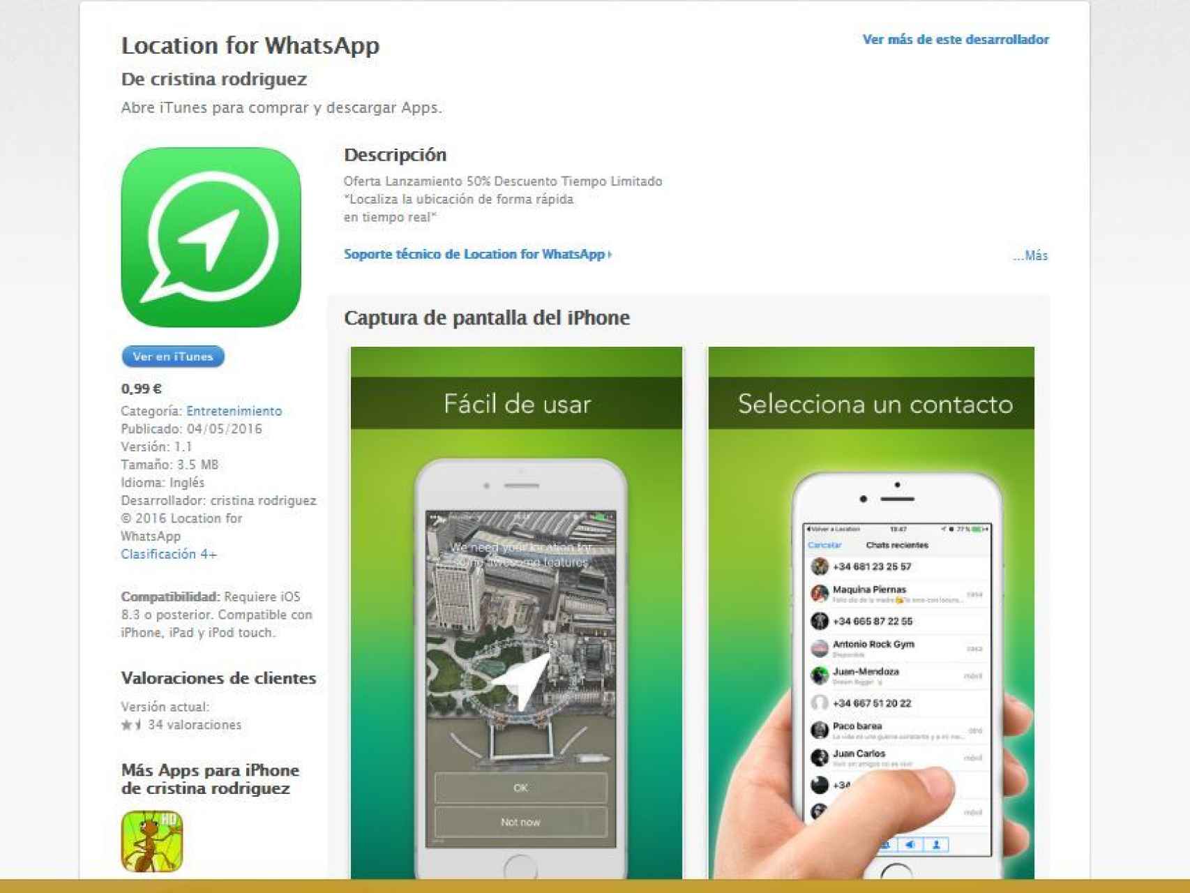 La app Location for WhatsApp en iTunes