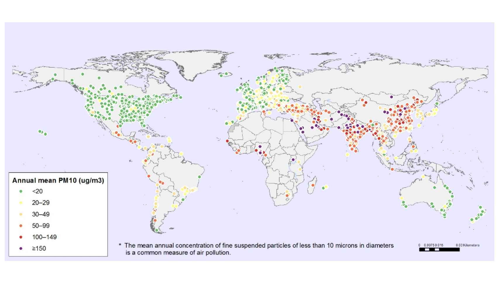 Concentración media de PM10 alrededor del mundo.