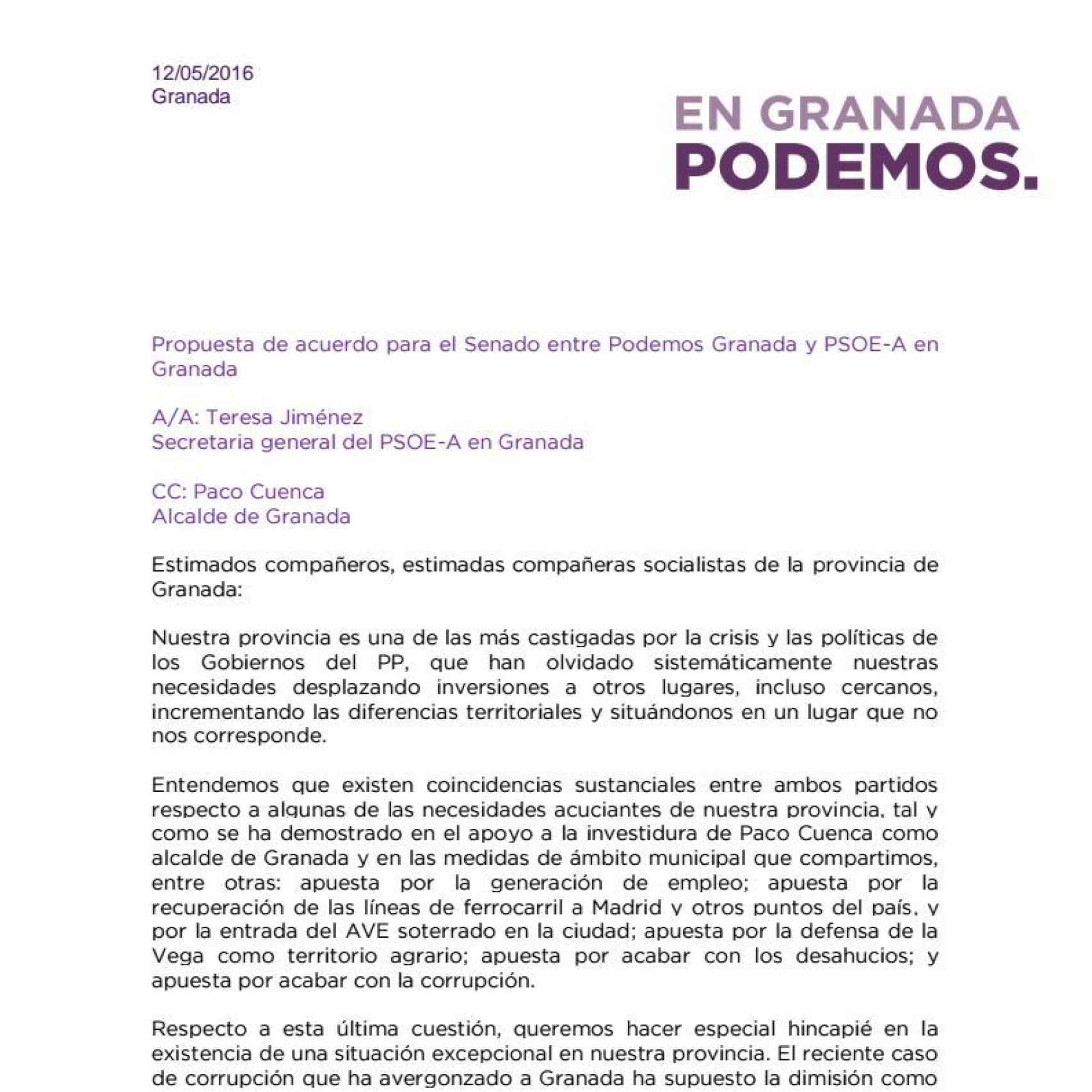 Carta enviada al PSOE de Granada