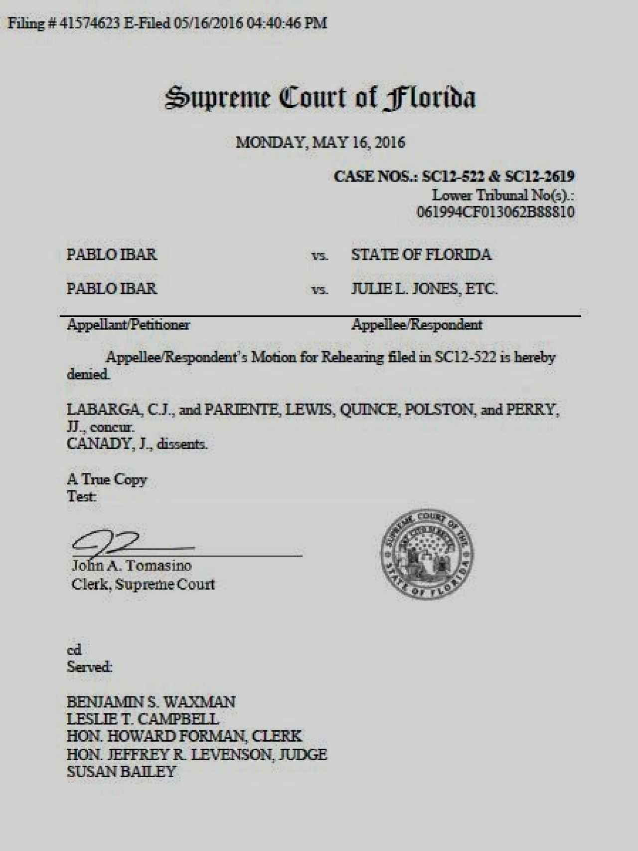Documento con el que el Tribunal Supremo de Florida desestima el recurso del fiscal y ofrece un nuevo juicio a Pablo Ibar.