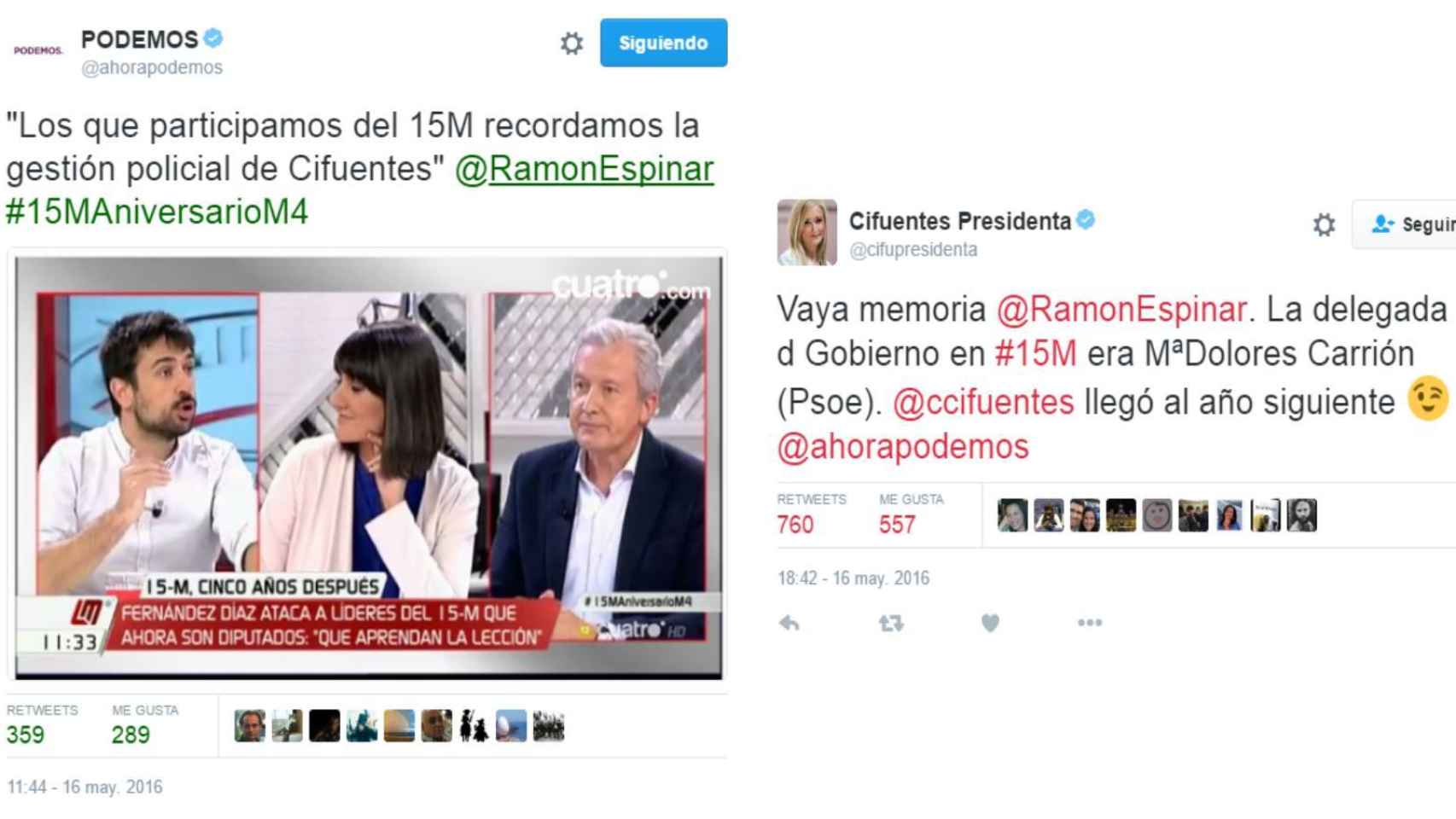 El intercambio de tuits entre las cuentas de Podemos y el equipo de Cifuentes