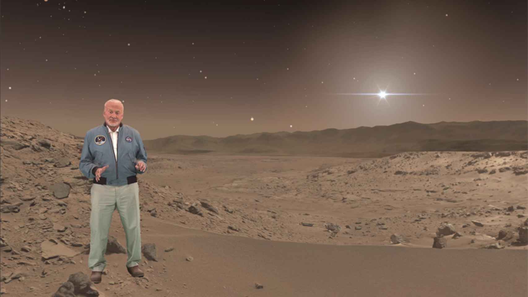 El célebre astronauta Buzz Aldrin acompañará al visitante por la superficie marciana.