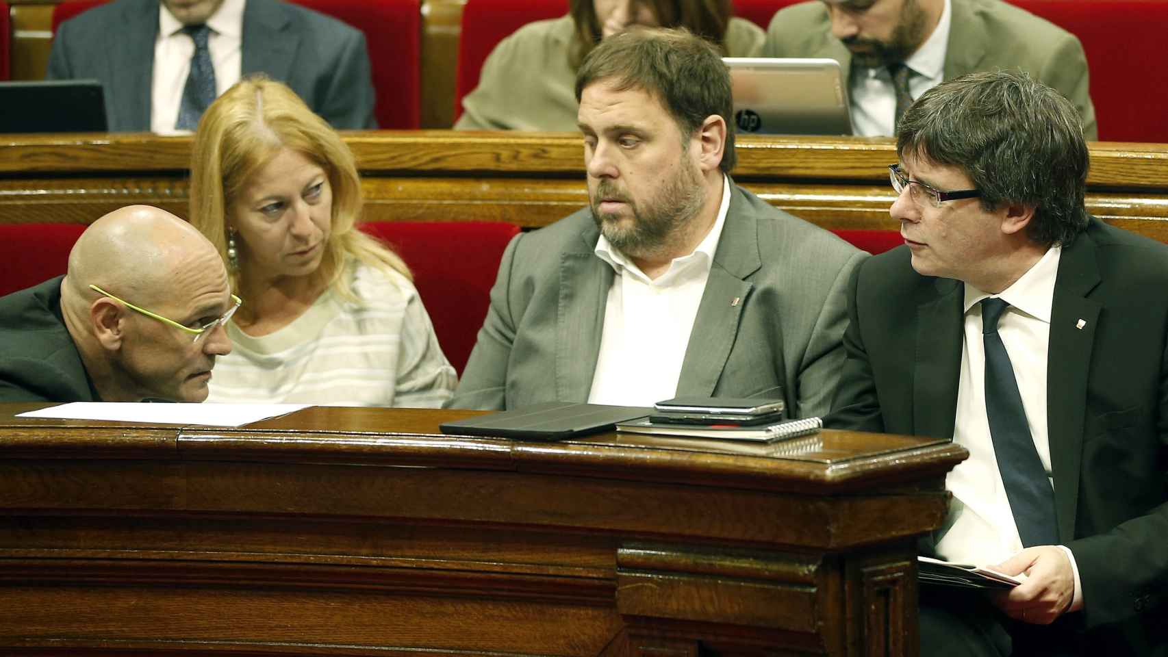 Romeva, Munté, Junqueras y Puigdemont, durante el pleno de la semana pasada