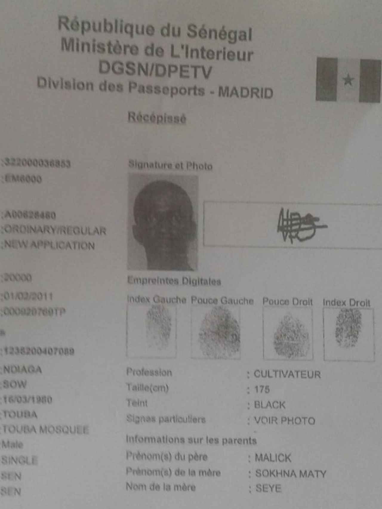 Documento enviado por Senegal para el cotejo de las huellas del inmigrante ahogado