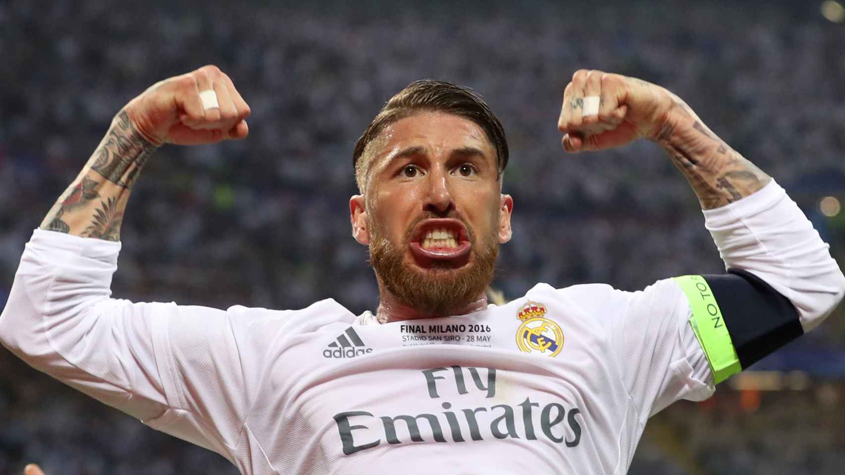 Sergio Ramos celebra el primer gol del Real Madrid.
