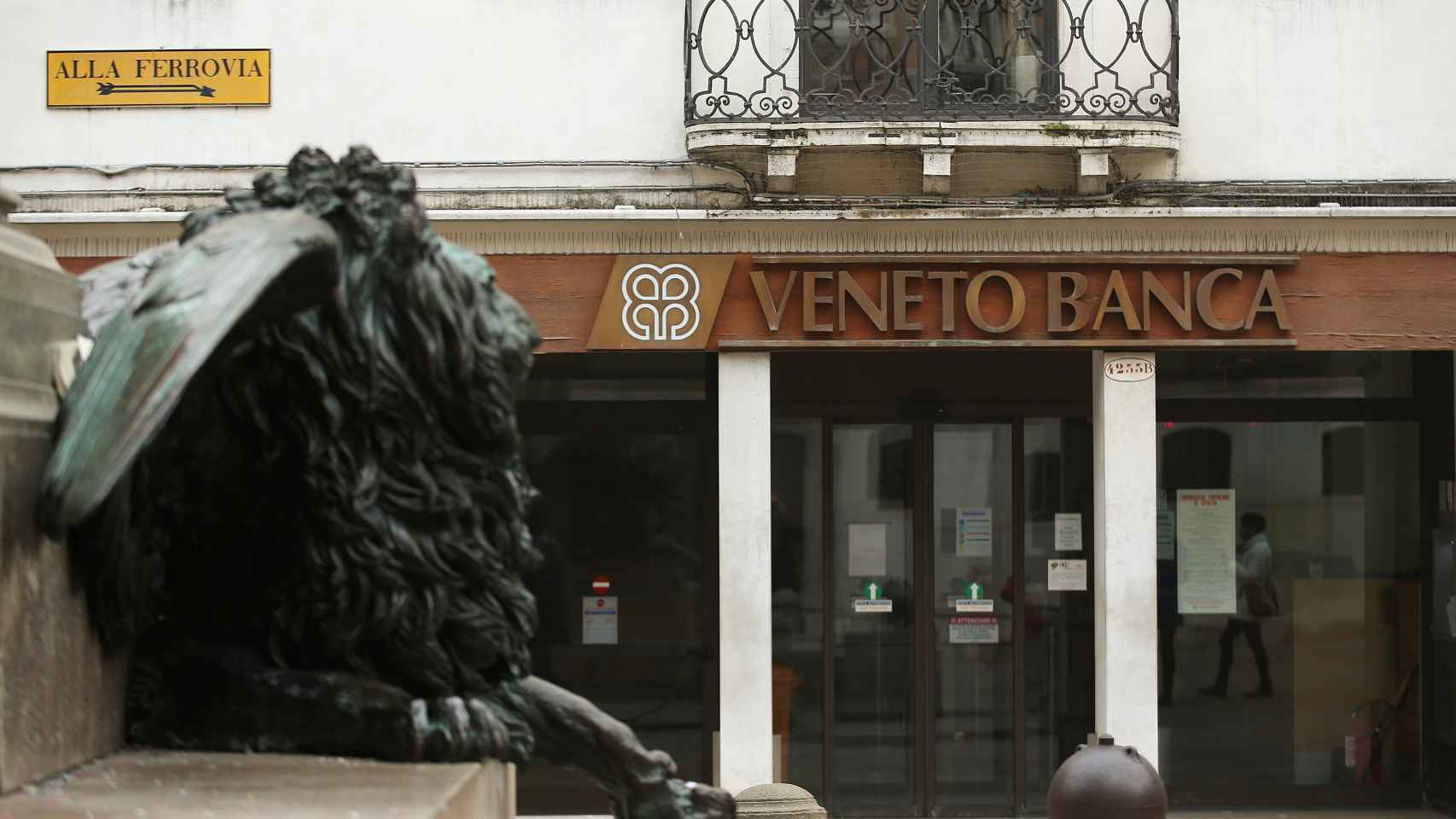 The logo of Veneto Banca bank is seen in Venice
