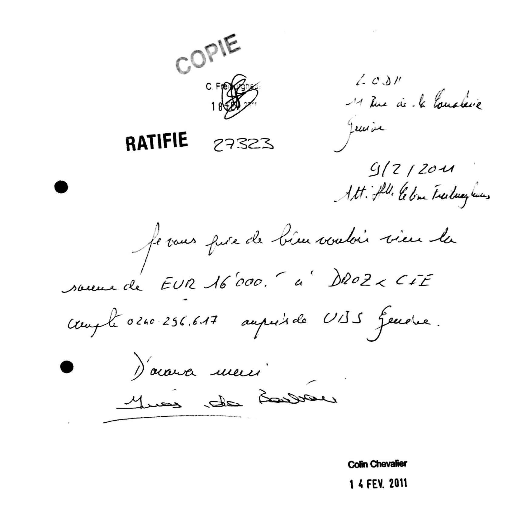 Orden de retirada de 16.000 euros de la cuenta del banco suiza firmada por la princesa Inés de Borbón en febrero de 2011