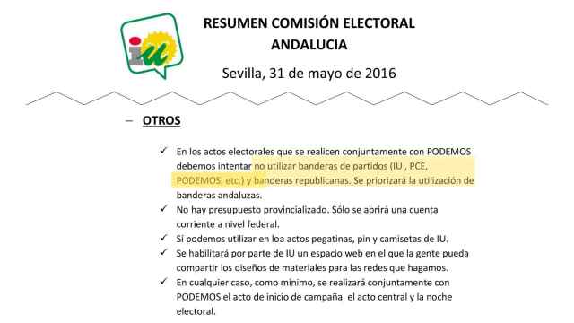 El documento de la comisión electoral de IU en Andalucía.