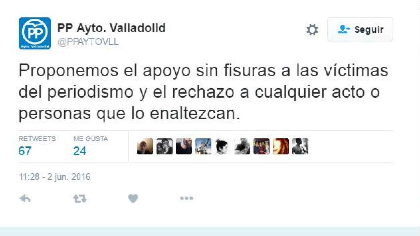 El tuit del grupo del PP de Valladolid sobre las víctimas del periodismo.