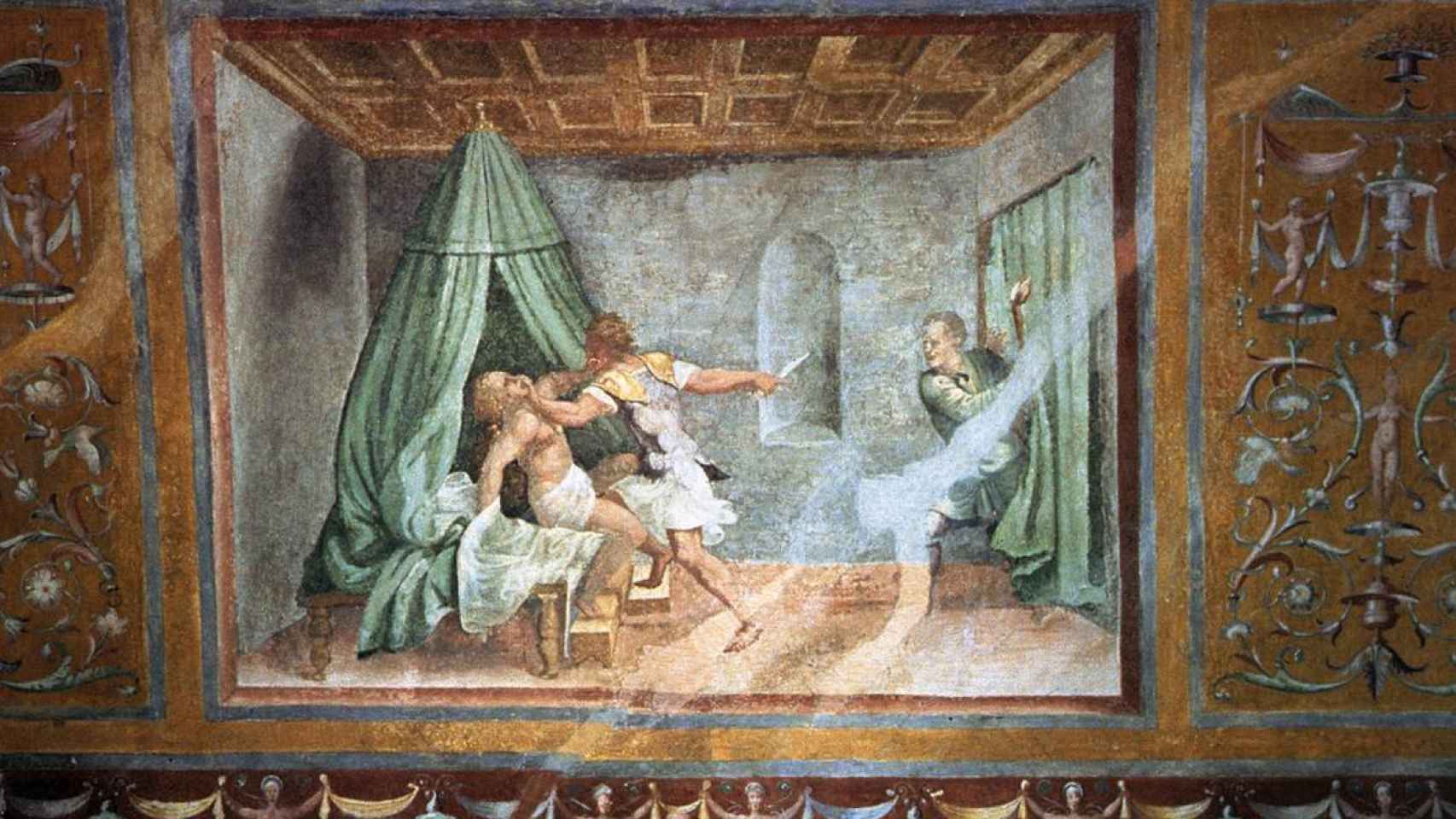 Sexto Tarquinio intenta violar a Lucrecia. Obra de Giulio Romano. Palacio Ducal de Mantua.