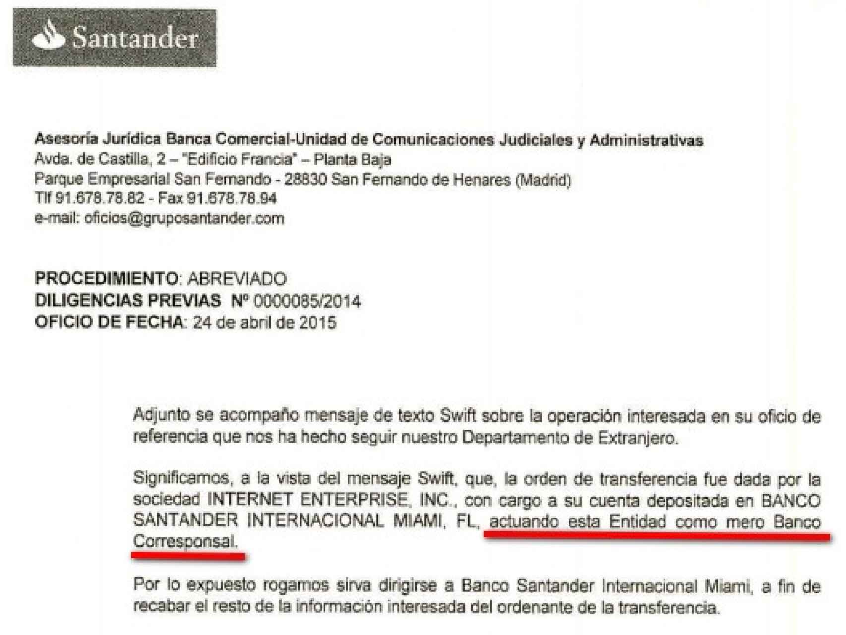 Correo remitido por el Banco Santander a la Audiencia Nacional.