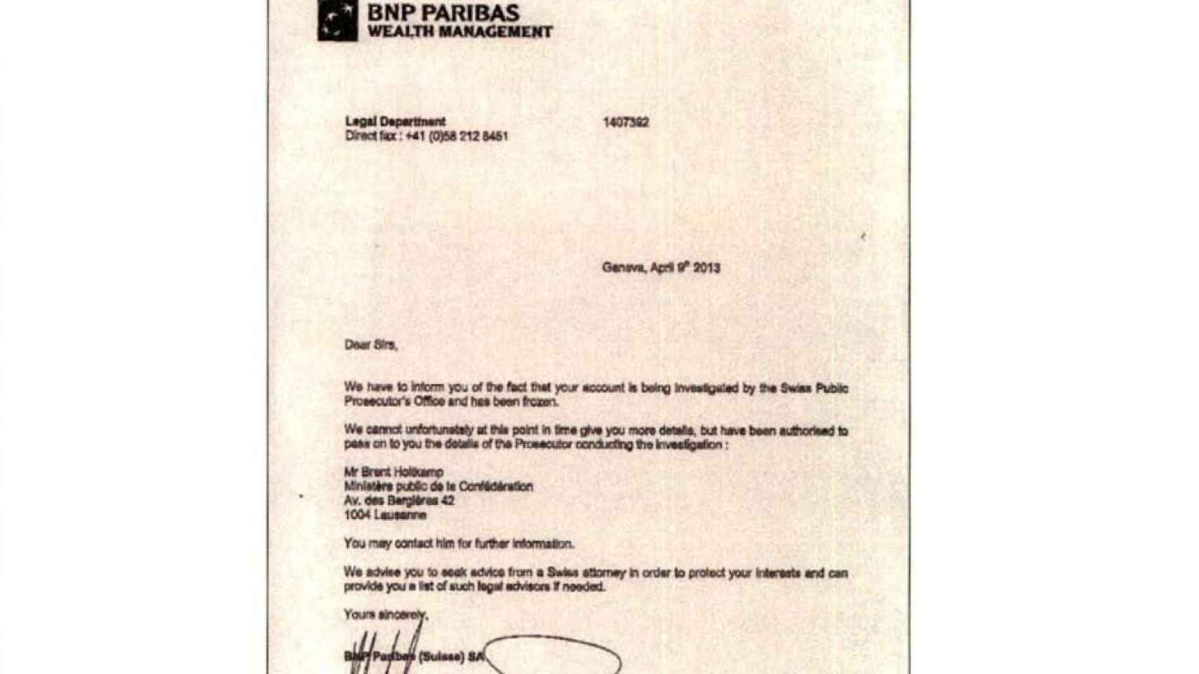 Carta enviada por el BNP a David Marjaliza.