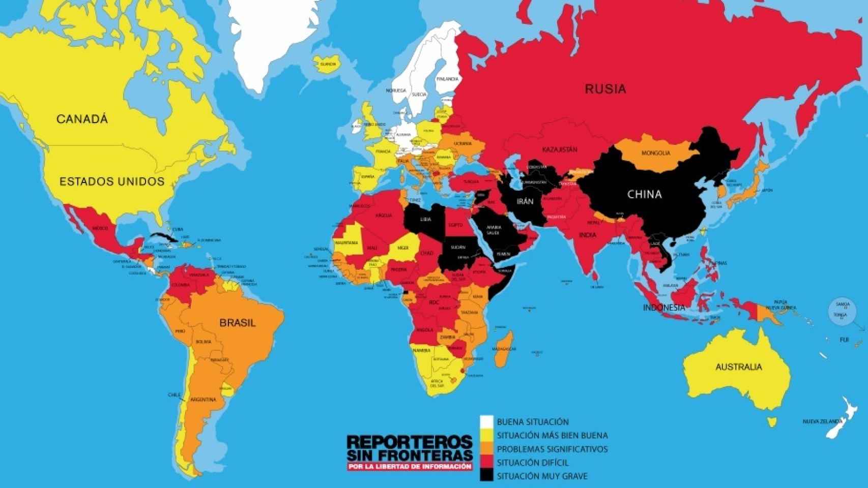 Mapa mundi de la libertad de prensa 2016.