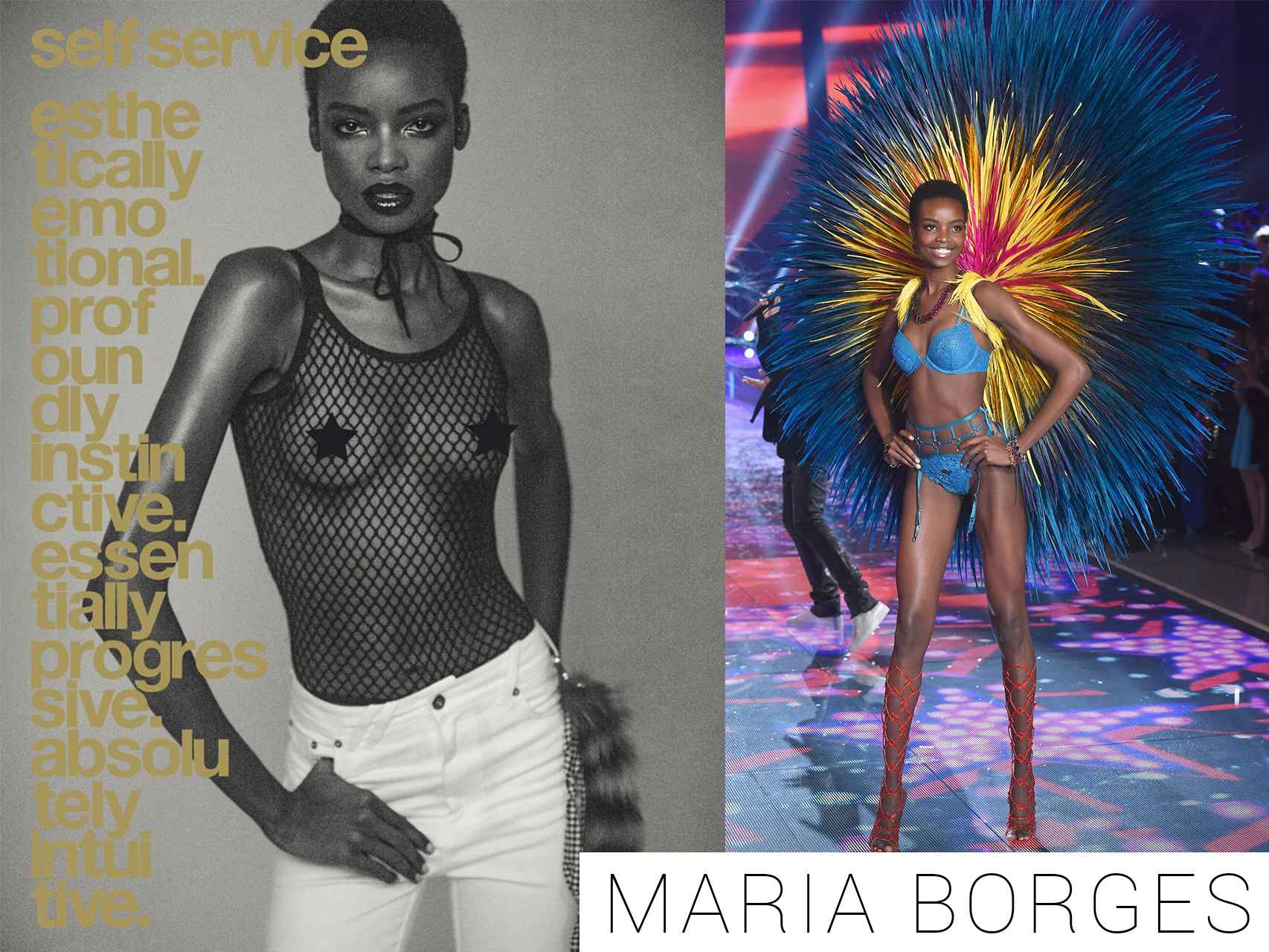 Maria Borges en la portada de Self Service y desfilando para Victoria Secret