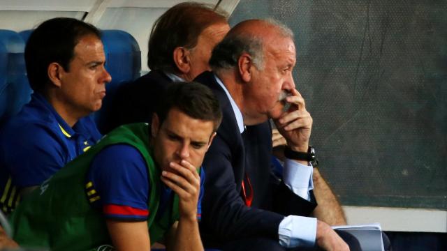 Del Bosque reflexiona en el banquillo durante el partido contra Georgia.