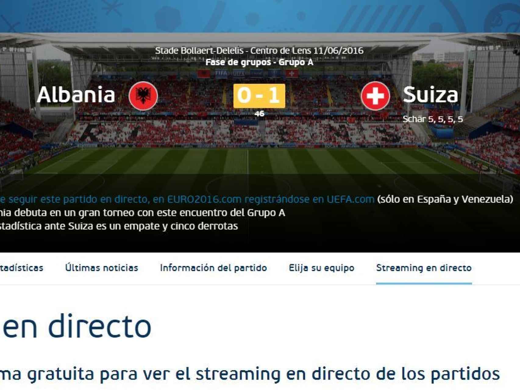 Captura de pantalla al comienzo de la segunda parte de la web de la UEFA.