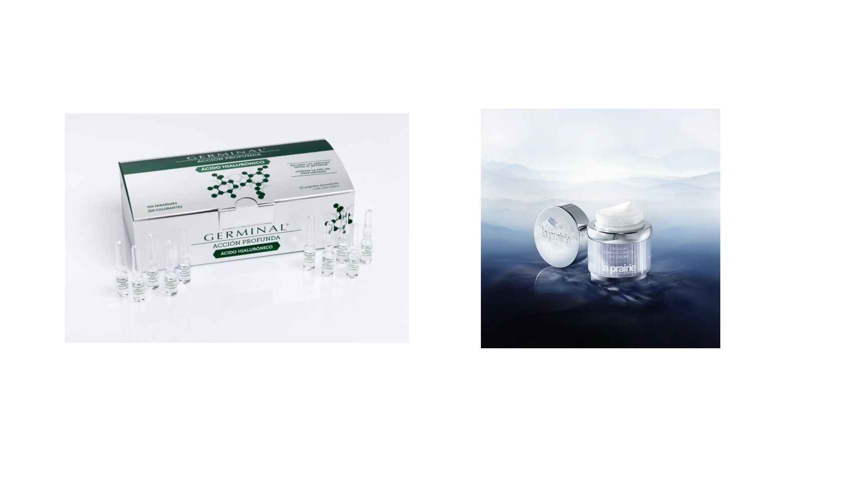 De izq. a dcha. Germinal Acción Profunda Acido Hialurónico y La Prairie Celluar Swiss Ice Crystal Cream.