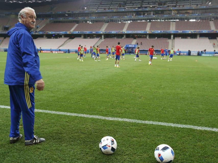 Del Bosque en el entrenamiento previo al partido ante Turquía.