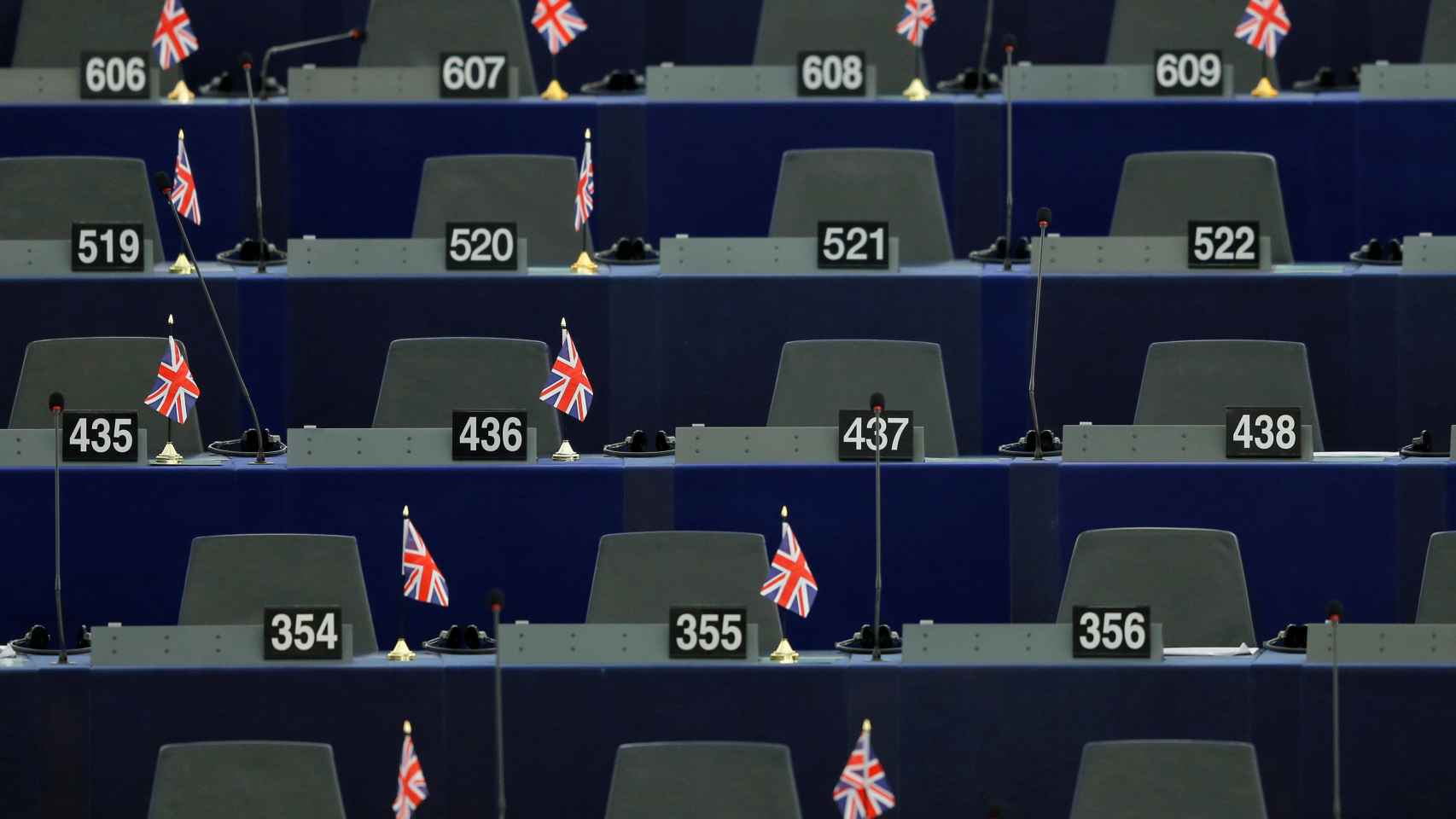 Los escaños de los eurodiputados del UKIP en el Parlamento Europeo de Estrasburgo.