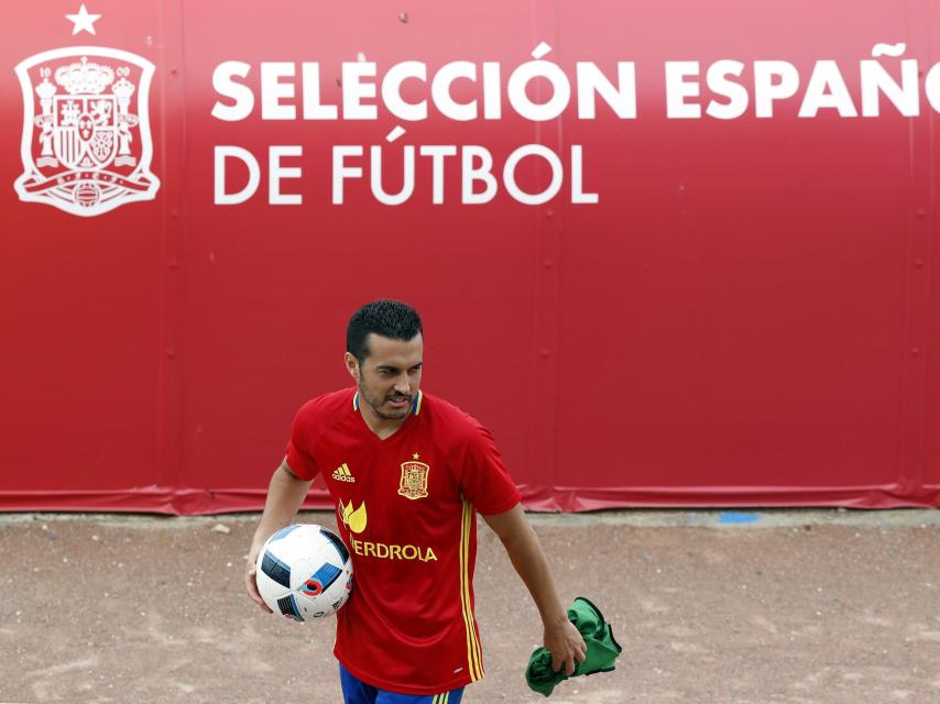 Pedro Rodríguez durante un entrenamiento de la selección española.