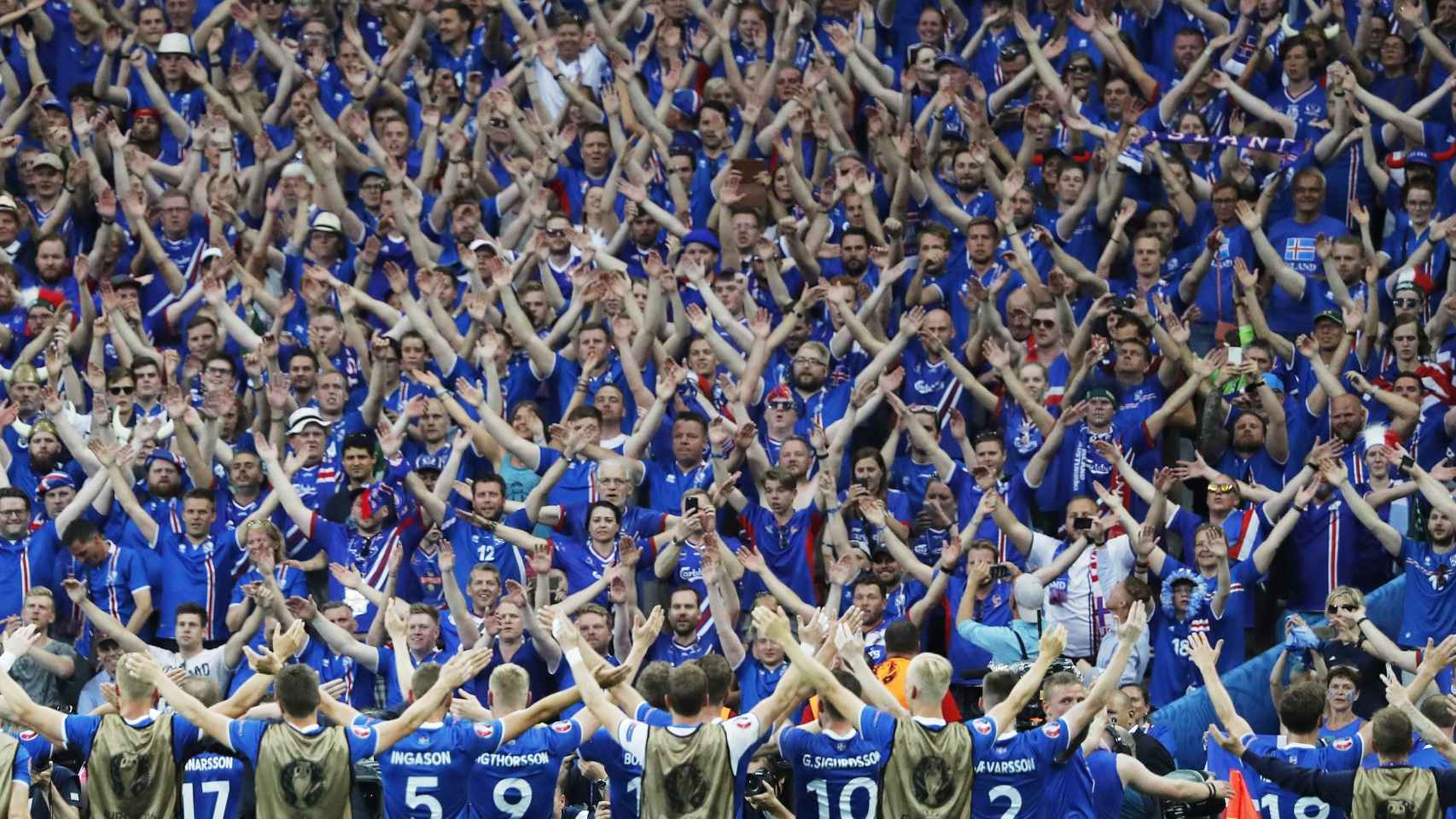la selección de Islandia celebra la victoria con sus aficionados en Niza.