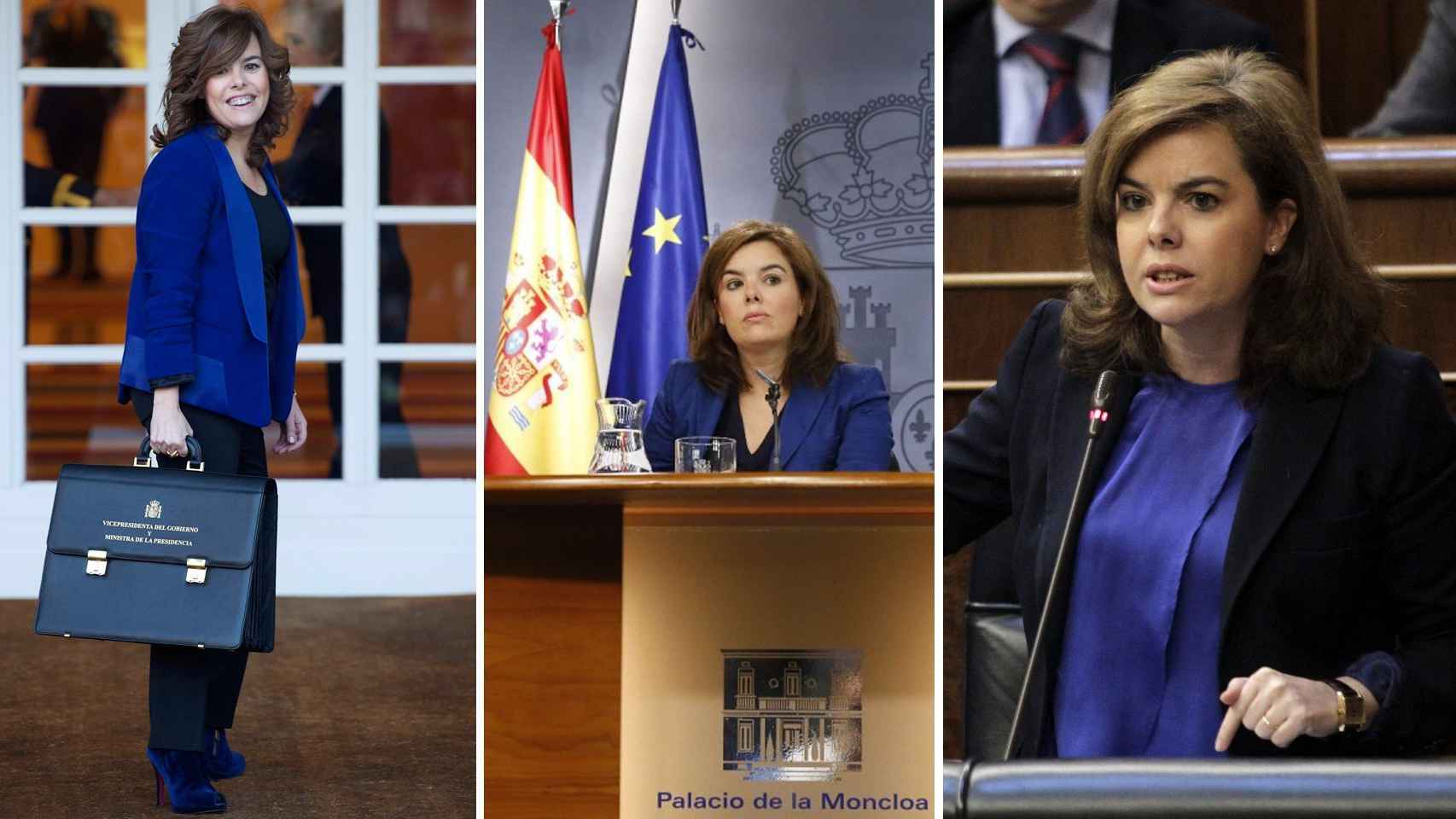 De izquierda a derecha, la vicepresidenta del Gobierno en funciones, en tres ocasiones en las que ha escogido el azul klein. En Moncloa (2011); en el Congreso (2012) y en una rueda de prensa (2013).