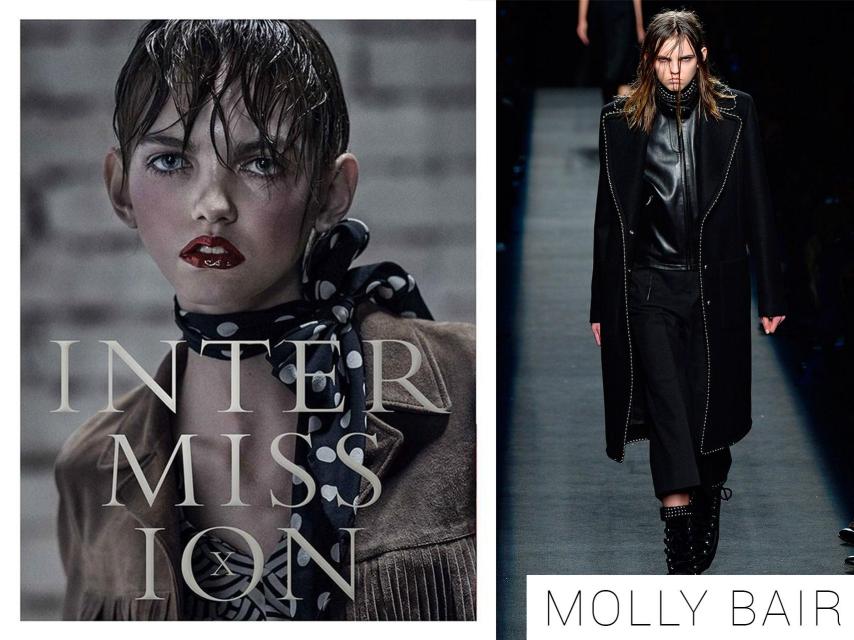 Molly Bair en la portada de Intermission Magazine y desfilando para Alexander Wang.