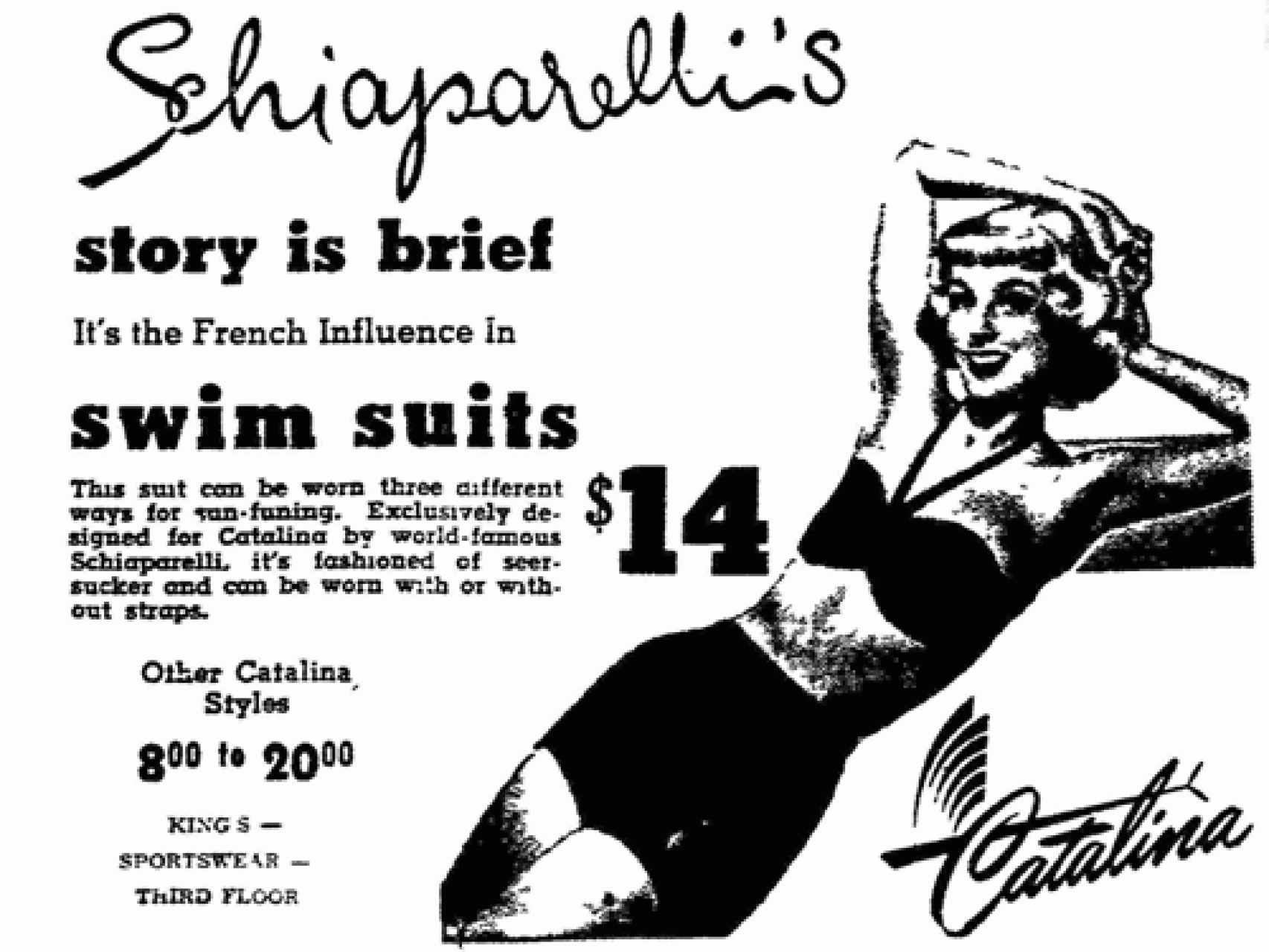 Anuncio de los bikinis de la diseñador Elsa Schiaparelli.