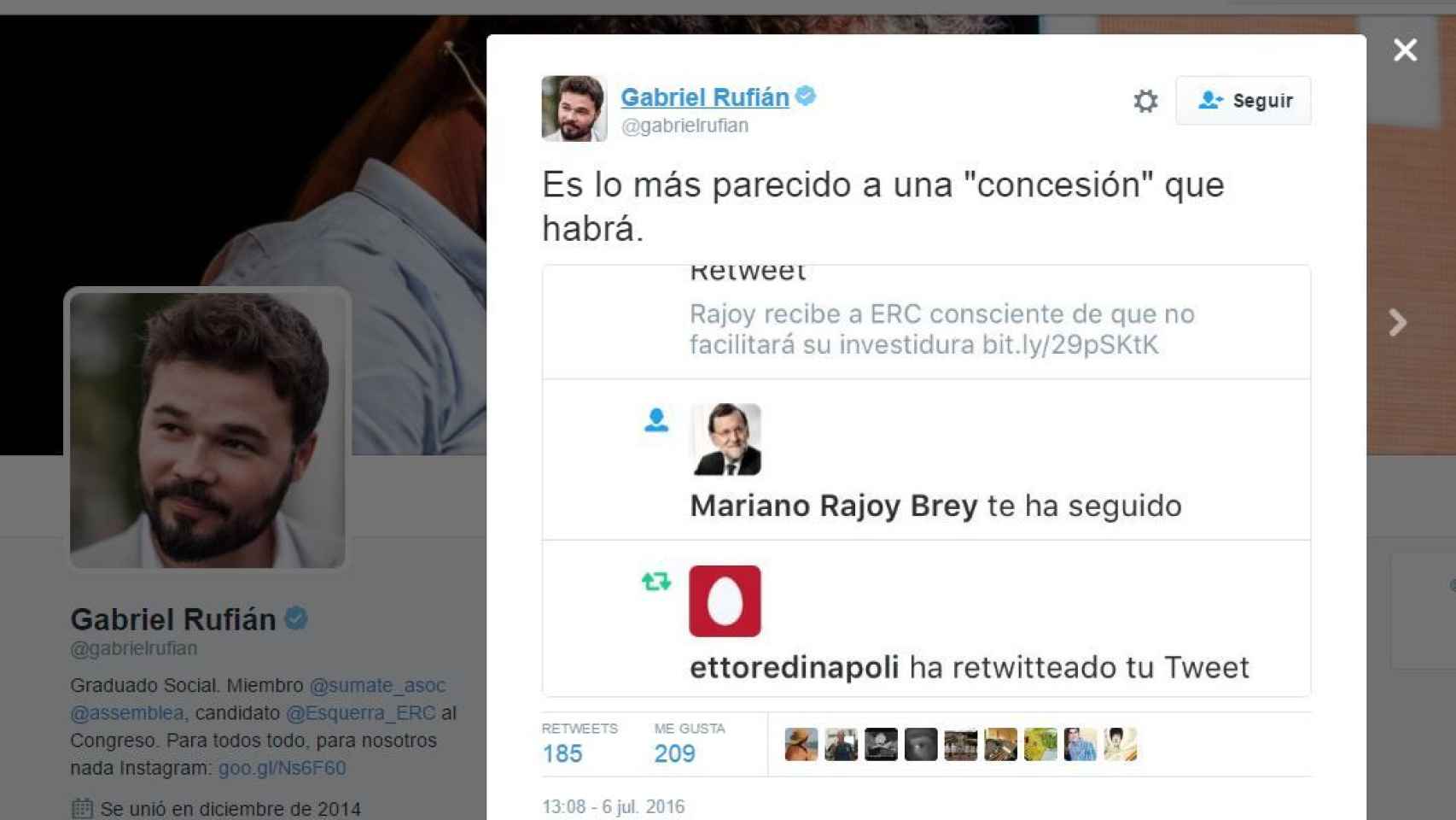 Gabriel Rufian ironiza sobre el follow de Rajoy.