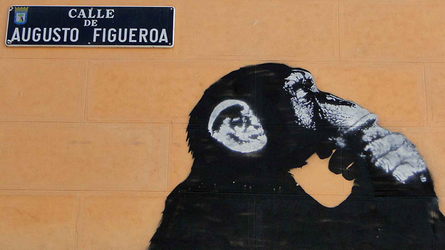 El chimpancé de ¿En qué piensan los políticos?, de Noaz, al lado del rótulo de la calle.
