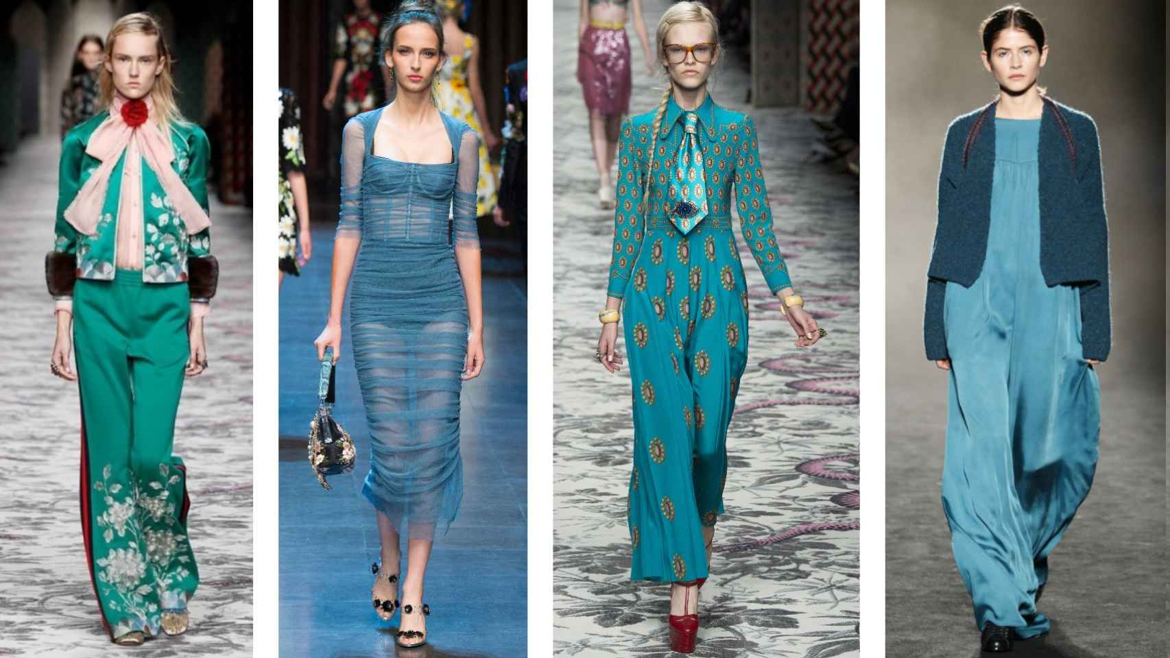 De izqda. a dcha., diseños de Gucci, Dolce & Gabbana y Gucci (Primavera/ Verano 2016) y Yerse (Otoño/ Invierno 2016- 2017). Cada marca interpreta el color cerceta de una manera, siendo en algunas más verdoso y en otras más azulado.