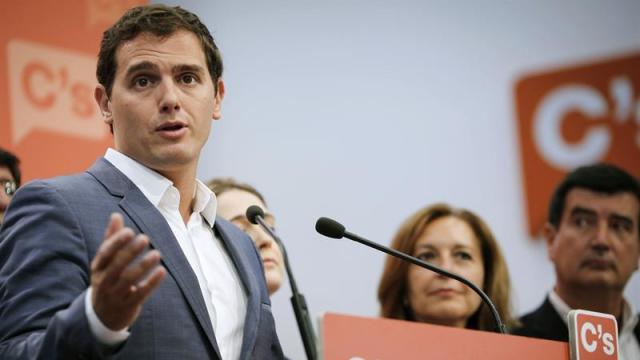 Albert Rivera, durante la rueda de prensa en la sede madrileña de Alcalá.